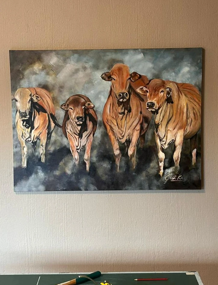 five brown cows standing in a row, painting